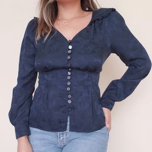 Marc Jacobs 100% silk navy blue ruffle blouse